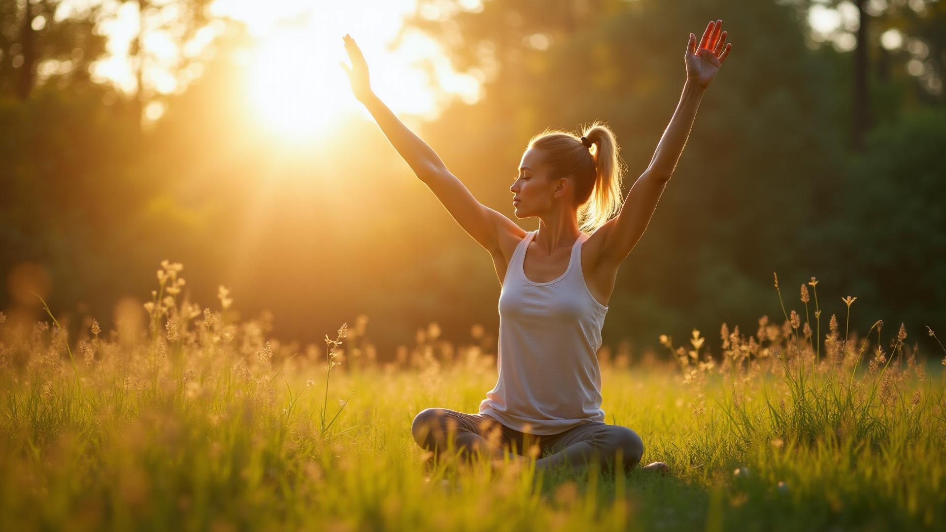 Жінка виконує вправи для підтримки життєвого тонусу на природі